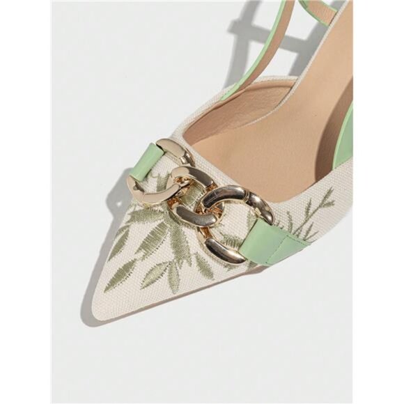 Women's PU Leather Floral Embroidery Pointy Toe Slingback Kitten Heel Mules - Picture 6 of 7